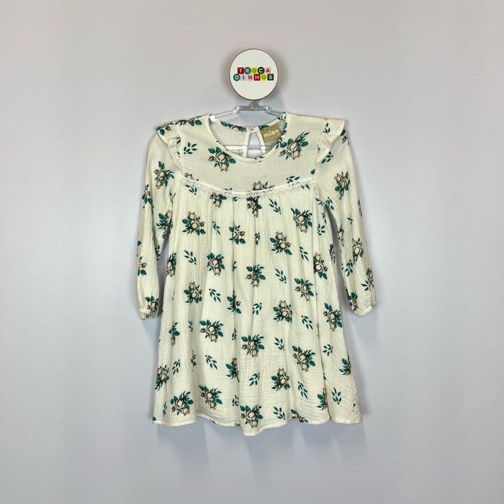 Vestido Infantil Milon Floral Branco Manga Longa